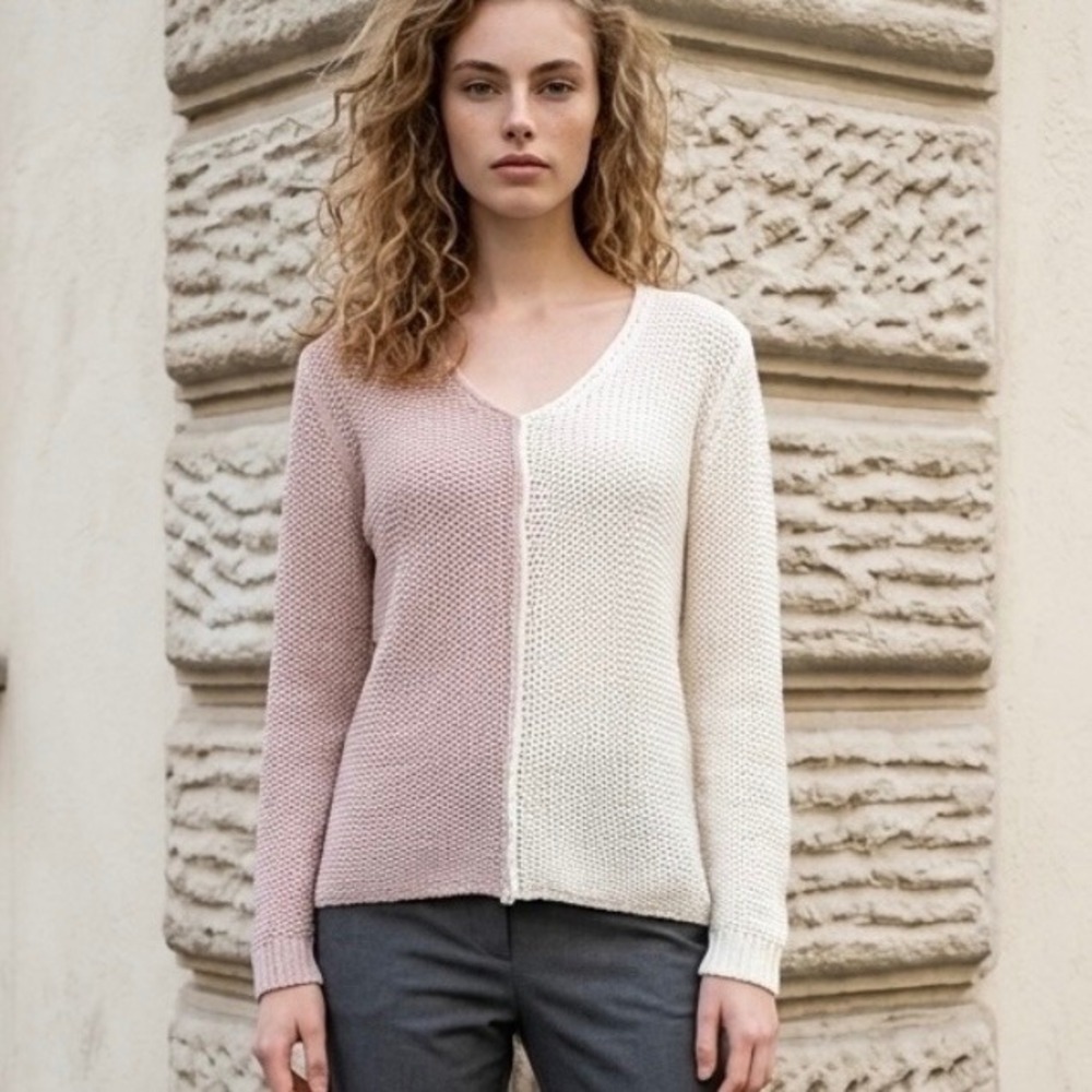 Vintage Havana‎ Colorblock V-Neck Sweater Cream Rose Open Knit B10492